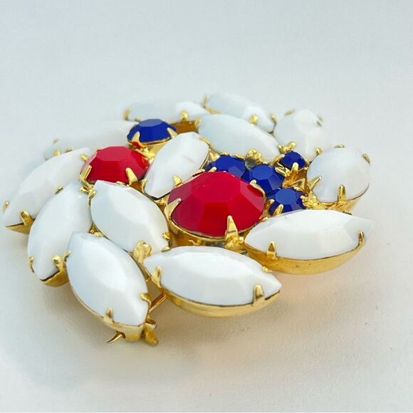 Vintage Red White & Blue Opaque Rhinestone Brooch | Prong Set, Gold Tone, Round - Picture 4 of 8